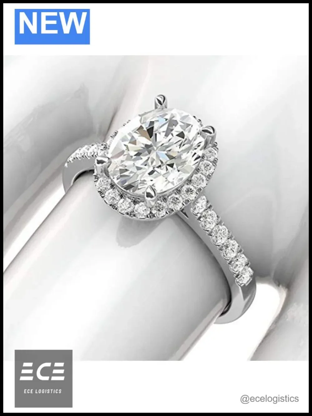 10k White Gold Oval Cut Moissanite Halo Promise Engagement Ring